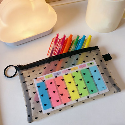 Transparent Mesh Pencil Case With Heart Designs Portable School Supplies Organiser And Make Up Bag