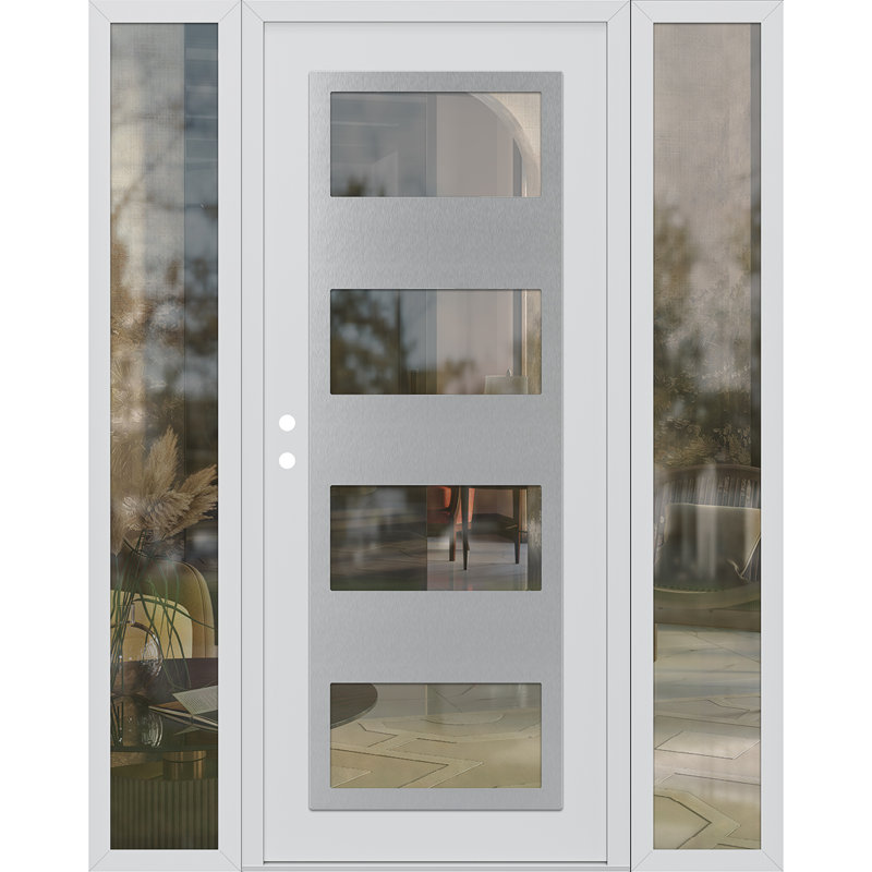 Porte d'entrée avant prémontée à panneau latéral blanc / blanc avec 2 panneaux latéraux en argent, L 61,69 po x H 81,69 po