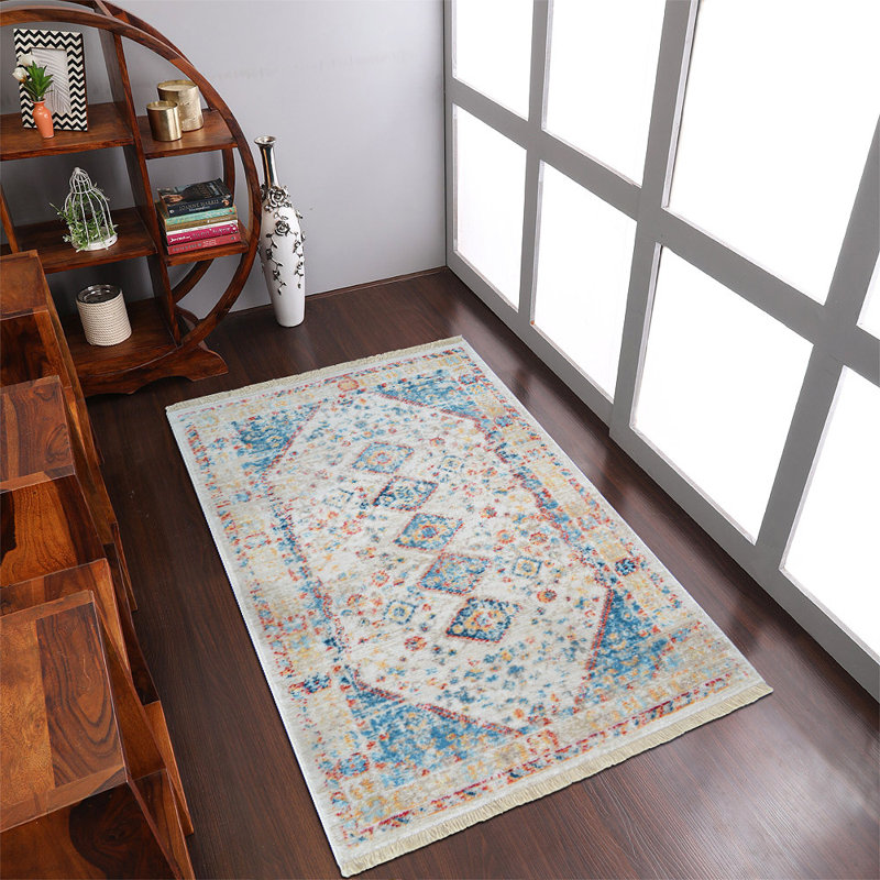 Tapis rectangulaires en polyester fabriqués à la machine Crayton | Tapis de style oriental multicolore, traditionnel et traditionnel, à poils courts pour le salon