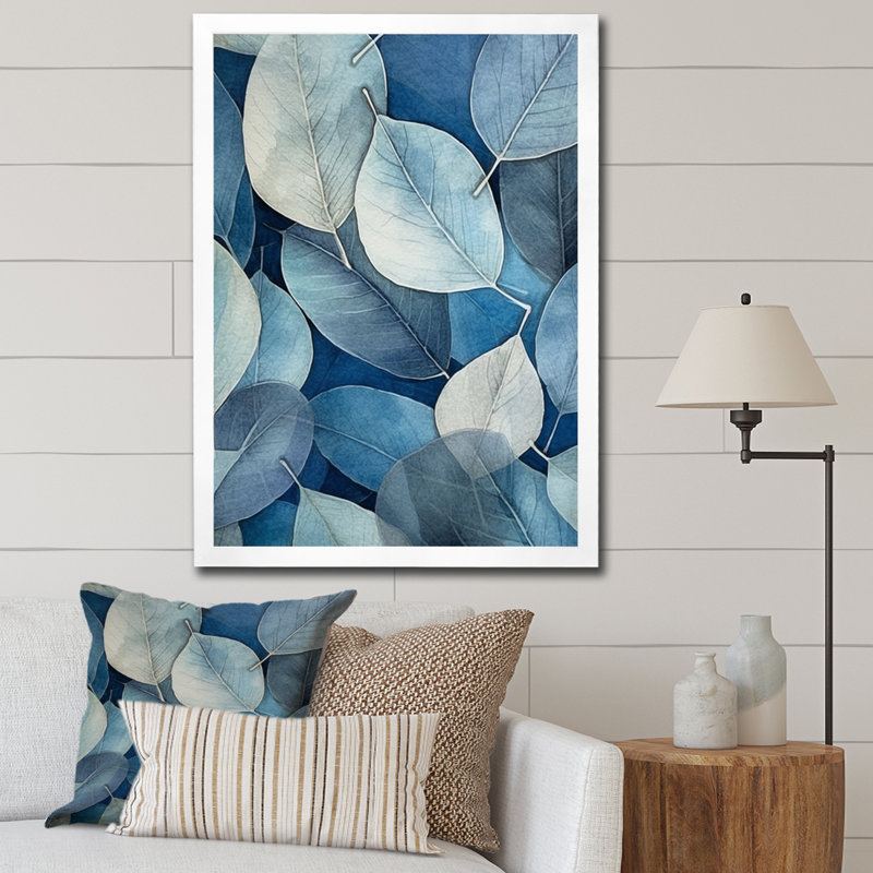 «Gray Blue Leafs Harmony», reproduction sur toile, Cadre simple blanc, H 20 po x l 12 po x P 1 po