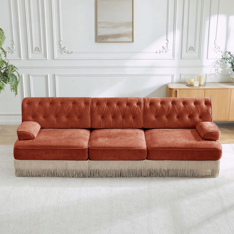Canapé Chesterfield 3 places en velours avec jupe à pampilles, Rouge / Brun