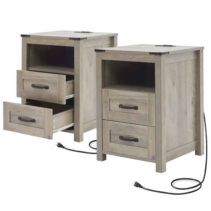 Nightstand with Charging Station,Side Table with 2 Drawers Storage Cabinet for Bedroom, Living Room, Gray, 2