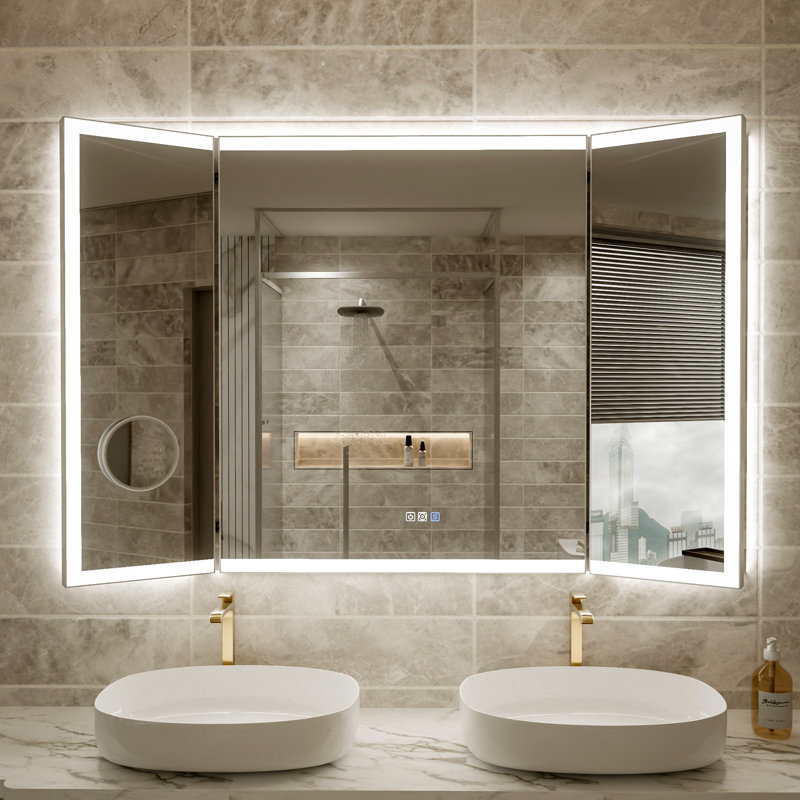 Miroir mural pliable à trois volets avec rétroéclairage, miroir grossissant 10x, gradateur, désembueur, 36 po x 54 po