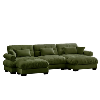 Canapé modulaire en forme de U avec deux repose-pieds mobiles, canapé d'angle moderne vert olive à 3 places avec coussins de taille, coussins décoratifs et accoudoirs renforcés, canapé convertible en forme de L pour un salon élégant, idéal pour une détente confortable.