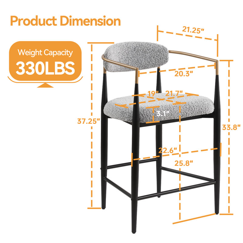 Velora 4-Piece Boucle Upholstered 25.8'' Counter Stool With Gold Metal Armrest(Set Of 4), Gray