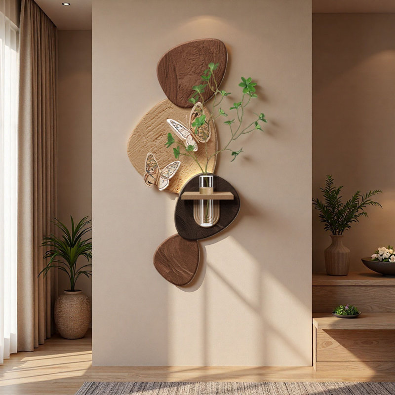 Mid-Century Modern Sandstone Wall Art With Hydroponic Greenery - Entryway Decor, 47.24" H x 21.65" W x  0.98" D