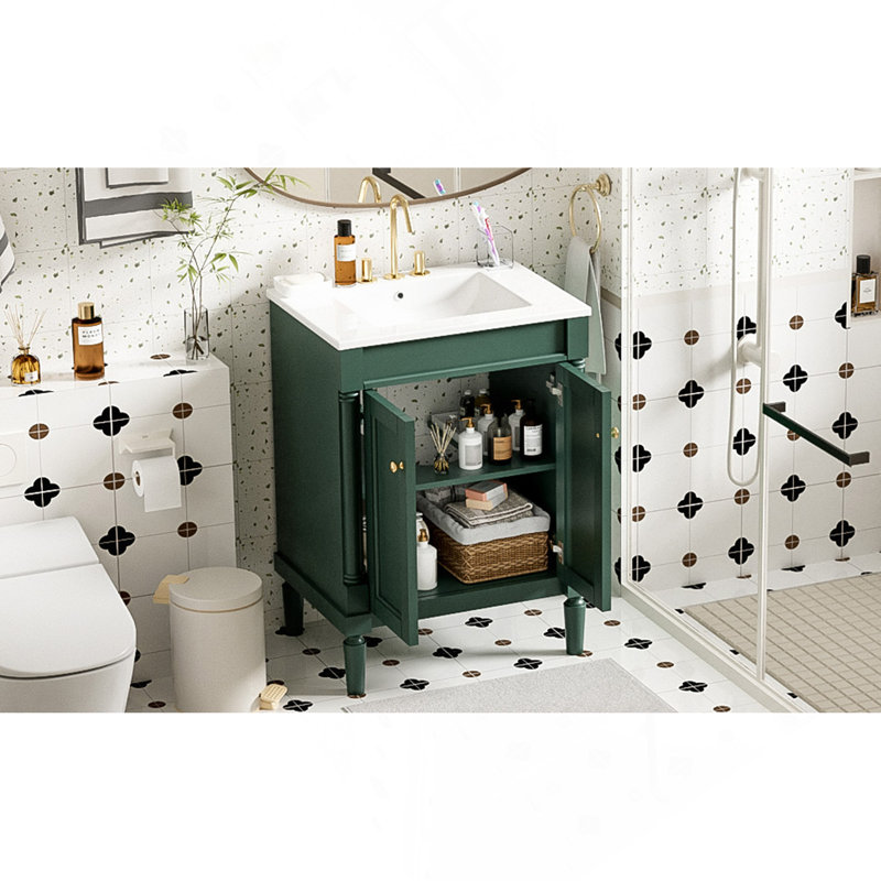 Meuble-lavabo 24 po avec lavabo supérieur, meuble de rangement moderne à 2 niveaux, meuble-lavabo simple, grandes tablettes de rangement