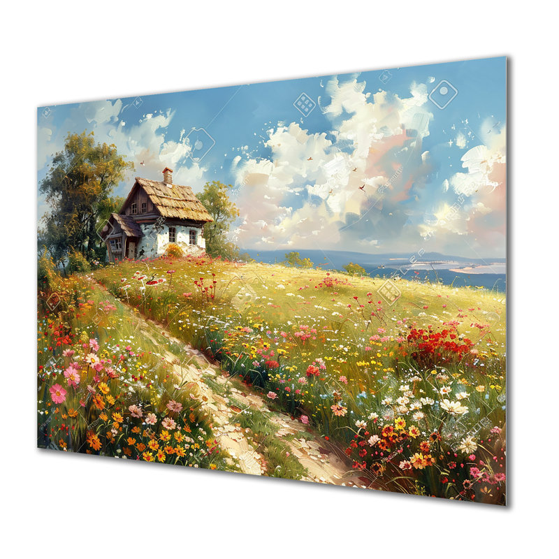 «White Country House In Flower Meadow», impression d'art mural paysage, Toile avec cadre flottant brun