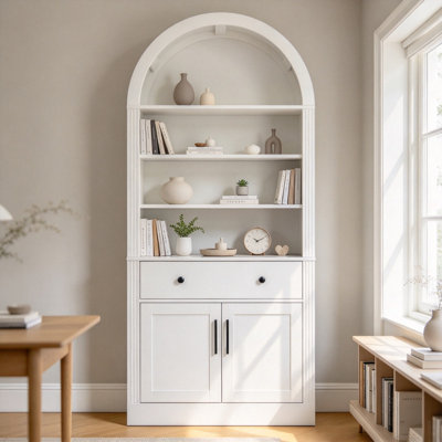 Ensemble bibliothèque cintrée avec meuble de rangement, bibliothèque haute avec portes à tiroirs et étagères réglables, meuble de cuisine autoportant pour salon, bureau, salle de bain, blanc