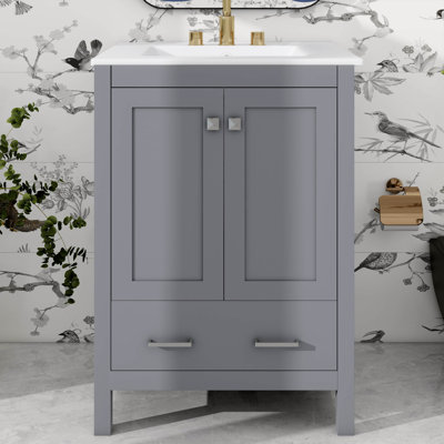 Ensemble de meuble-lavabo 24 po avec lavabo en céramique, armoire de rangement combinée autoportante avec portes à fermeture en douceur, comprend une étagère de porte double couche, 2 portes et 1 tiroir