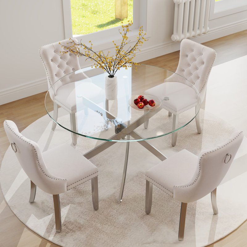 Ensemble de salle à manger Keyari, H 29,5 po x L 47 po x l 47 po, Beige, Argent