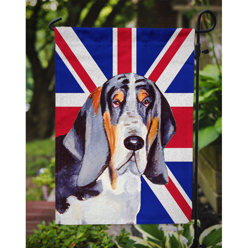 Drapeau de jardin 2 côtés english union jack, Basset hound (gris et blanc)