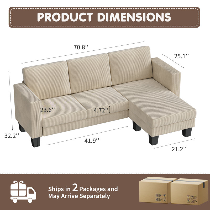 Convertible Sectional L-shaped Couch Soft Seat With Corduroy, Space-saving Sofas For Living Room, Beige Corduroy