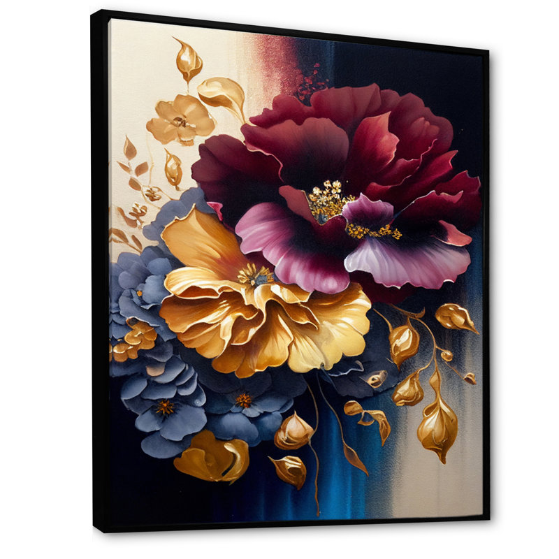 Bourgogne et bouquet floral bleu II - impressions sur toile florales, H 32 po x l 24 po x P 1 po, Cadre flottant noir