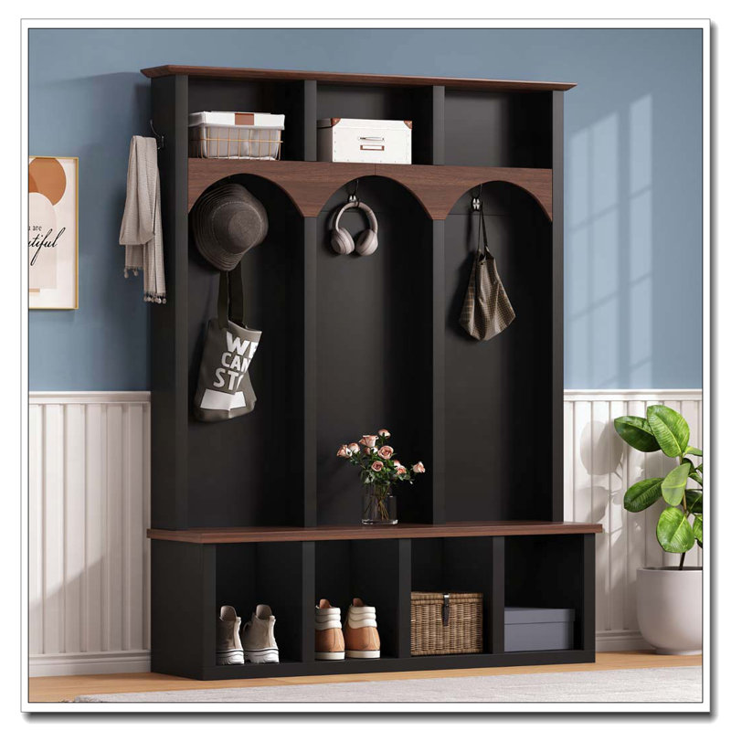 Farmhouse Wooden Style Hall Tree with Arched Design, Black