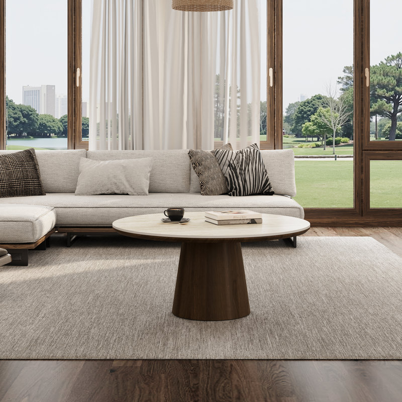 36" Round Luxury Coffee Table with Walnut Pedestal Base
