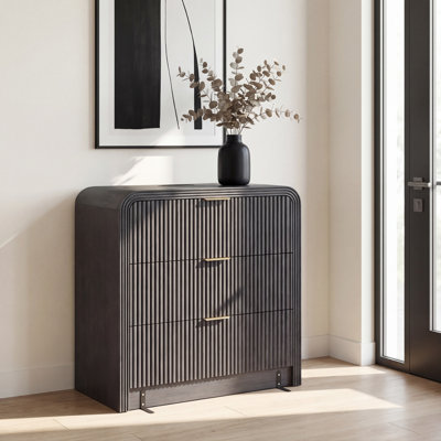 Fluted 3 Drawers Dresser, 31.5" Wide Modern Chest Of Drawers With Round Edge & Metal Handle, Wood Storage Organizer For Bedroom/Living Room/Entryway (Dark Walnut)
