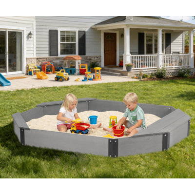 Bac à sable octogonal 76 po x 53 po x 9 po avec boîte de rangement pour enfants, grand bac à sable en bois avec couvercle et 3 bancs, installation facile et rapide
