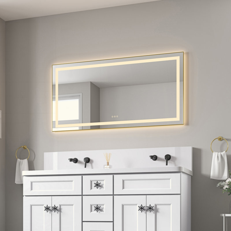 Miroir de salle de bain DEL, Or brossé, 48 po x 32 po