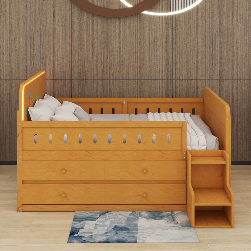 Lit double avec DEL, tiroirs de rangement, Bois