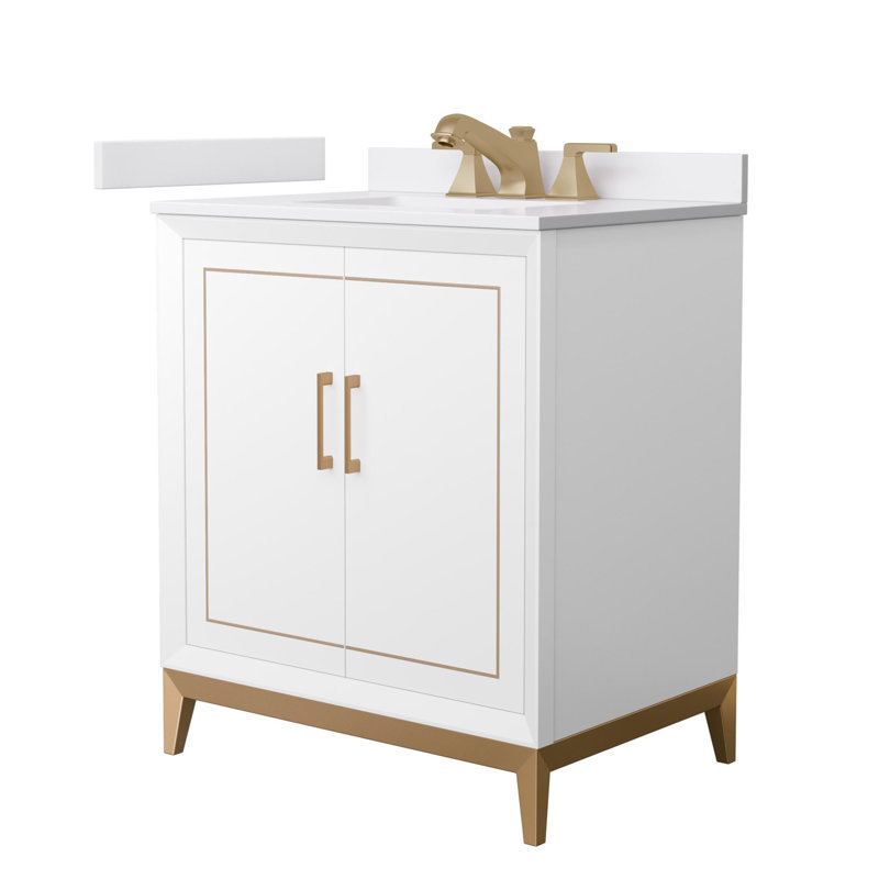 Meuble-lavabo simple autoportant 30 po avec plateau en marbre Marlena, Blanc, Bronze satiné