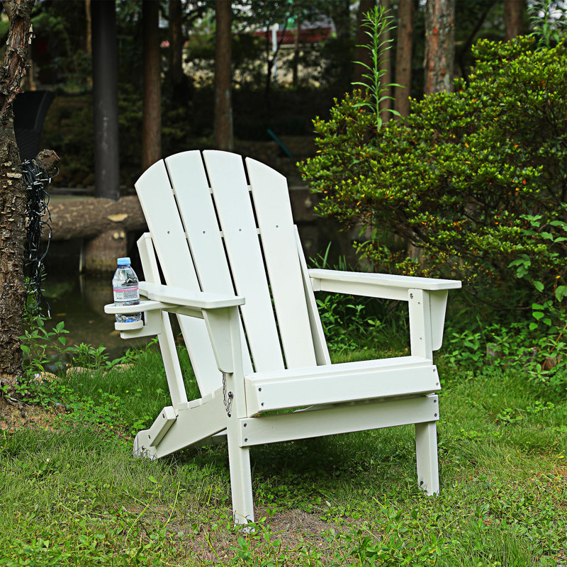 HDPE Folding Adirondack Chair With Dual Cup Holder, White