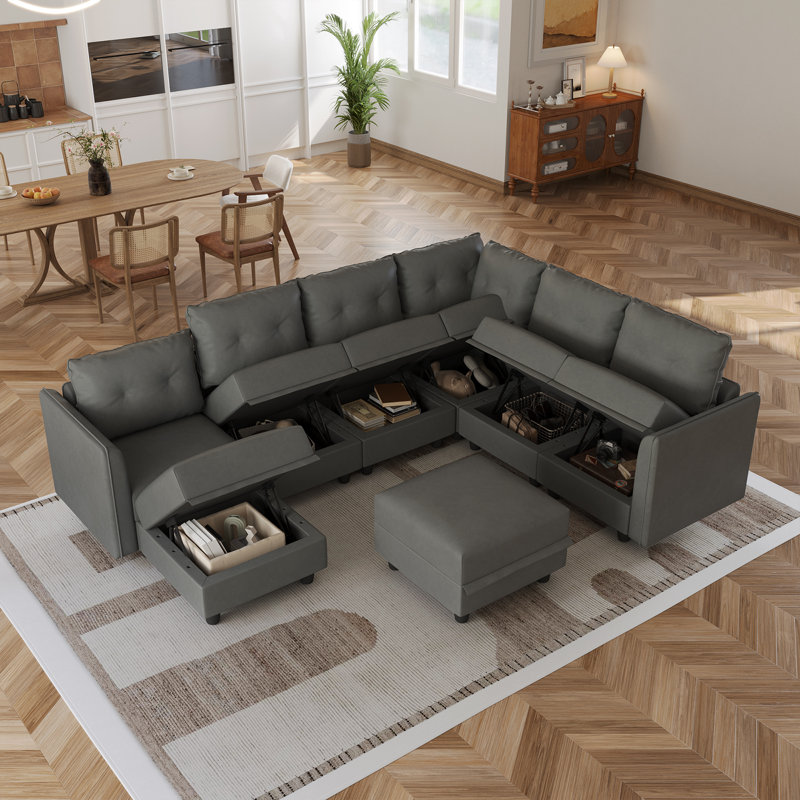 Zendajas 8 - Piece Upholstered Sectional Modular Sofa With Storage Ottoman, Gray Faux Leather