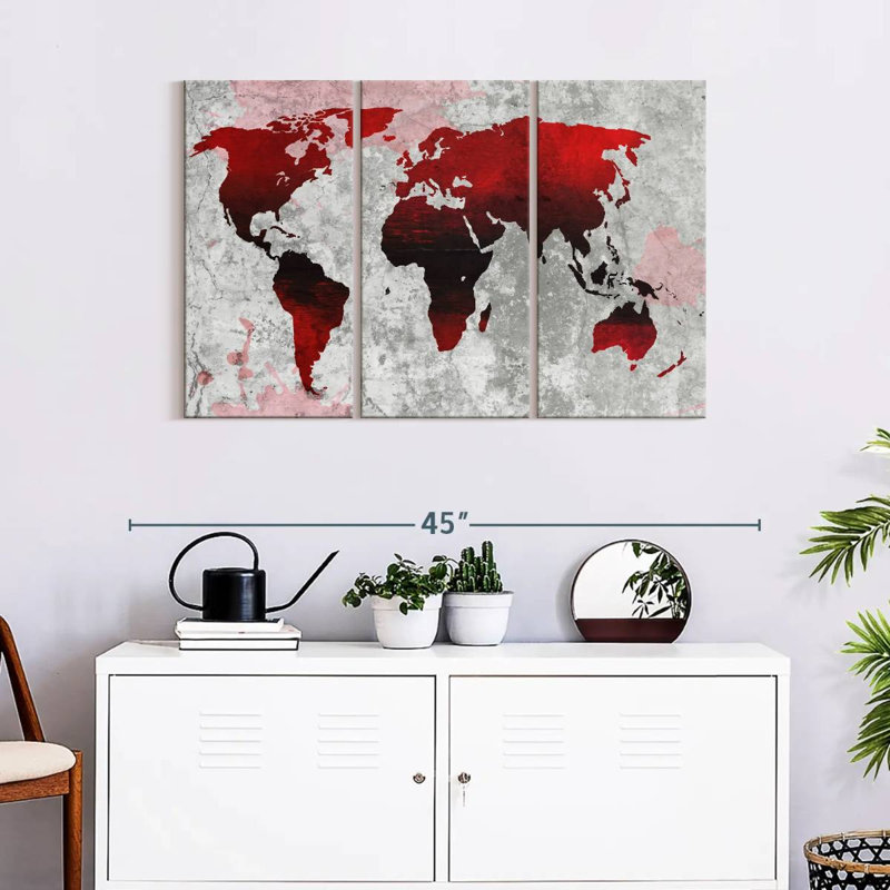 «Crimson World Map», reproduction sur toile, H 24 po x l 38 po x 1,25 po