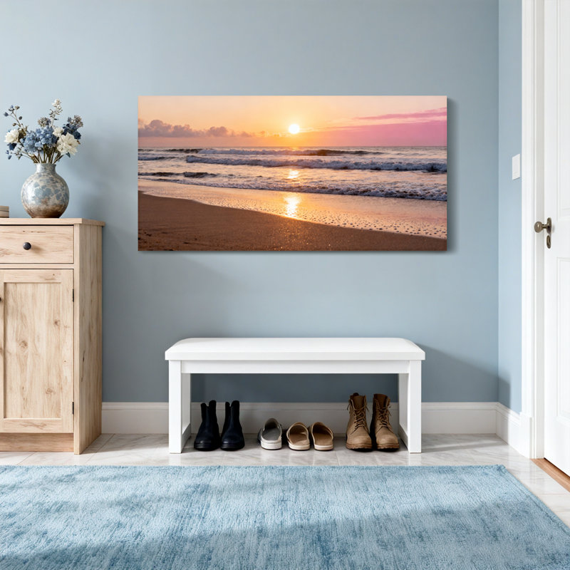 Paysage et nature coucher de soleil océan vagues plage ciel réflexion sable clair, H 16 po x l 32 po