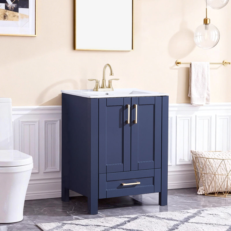 24" Modern White Free-Standing Single Bathroom Vanity Set, Blue