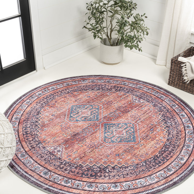 Tapis terre cuite / bleu marine lavable à la machine Lesandra, Rond 5 pi 3 po