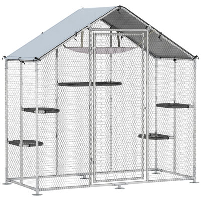 Large Catio Outdoor Cat Enclosure, Galvanized Steel Walk-in Cat Patio for Multiple Kittens, Outdoor Kitty Cage with Waterproof Cover, 5 Adjustable Platforms, Hammock, Chicken Coop Pointed Roof