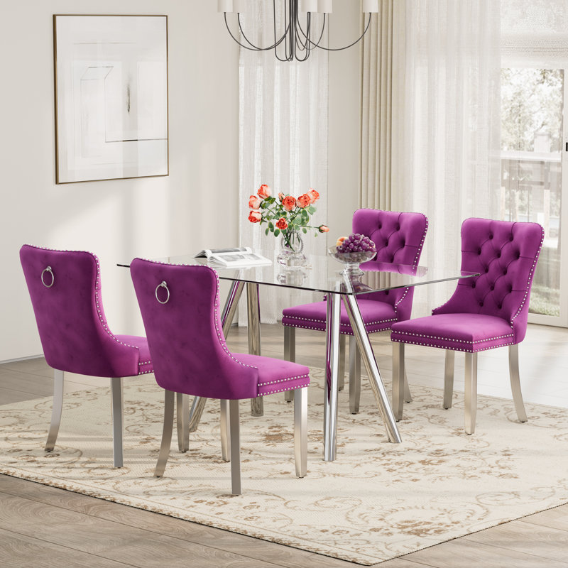 Ensemble de table de salle à manger rectangulaire en verre trempé, table de salle à manger de luxe avec chaise de salle à manger en velours capitonné