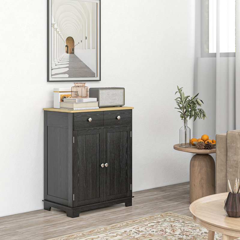 Buffet noir patiné pour le sous-sol - comptoir en bois massif, 2 tiroirs, portes, armoire de rangement à tablette réglable