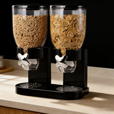Dual Canister Dry Food Dispenser With Triple Control - Airtight Cereal Storage Container For Granola, Nuts, Candy, And Snacks, Kitchen Countertop Organizer