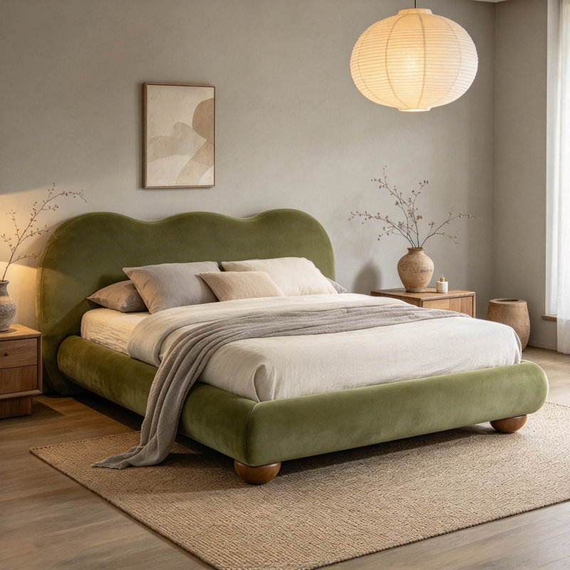 Lit Queen en tissu bouclé vert olive, tête de lit camel, pieds ronds en bois, cadre en hévéa massif et d'ingénierie, cadre de lit moderne et bas pour chambre à coucher