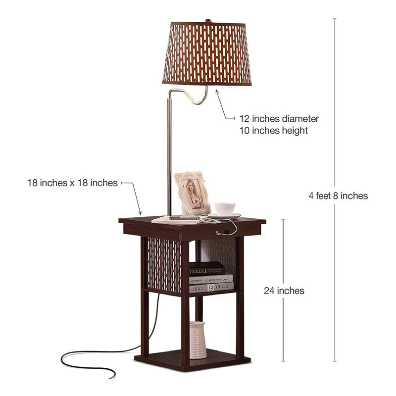 Modern Drum End Table With USB Charging And Ceramic Shade, Brown, Brown