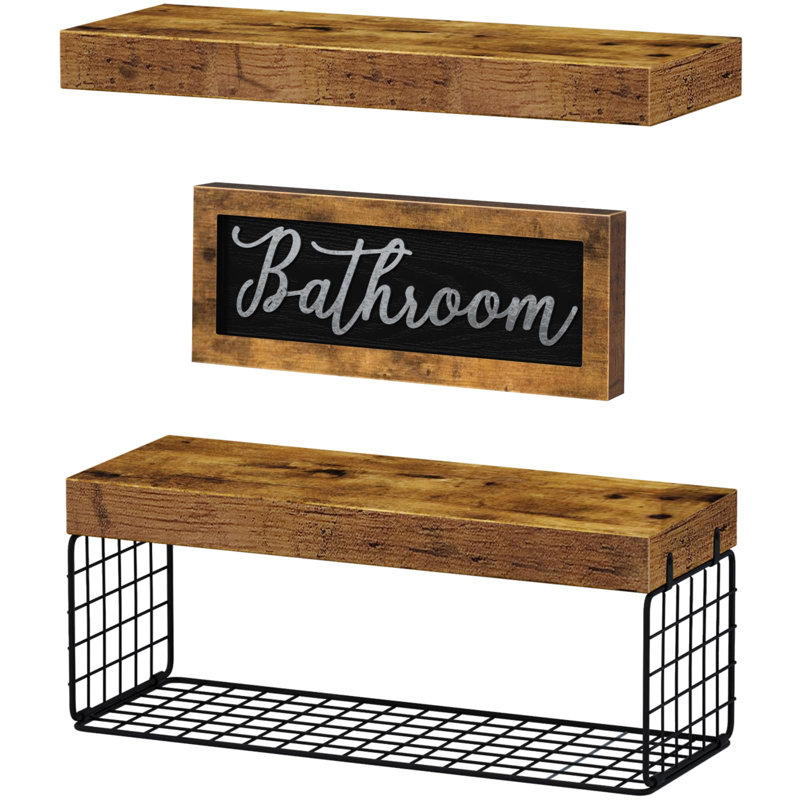 Bathroom Shelves Over Toilet, Small Floating Shelf 2+1 Set 15.7 Inch, Brown, Brown/Black