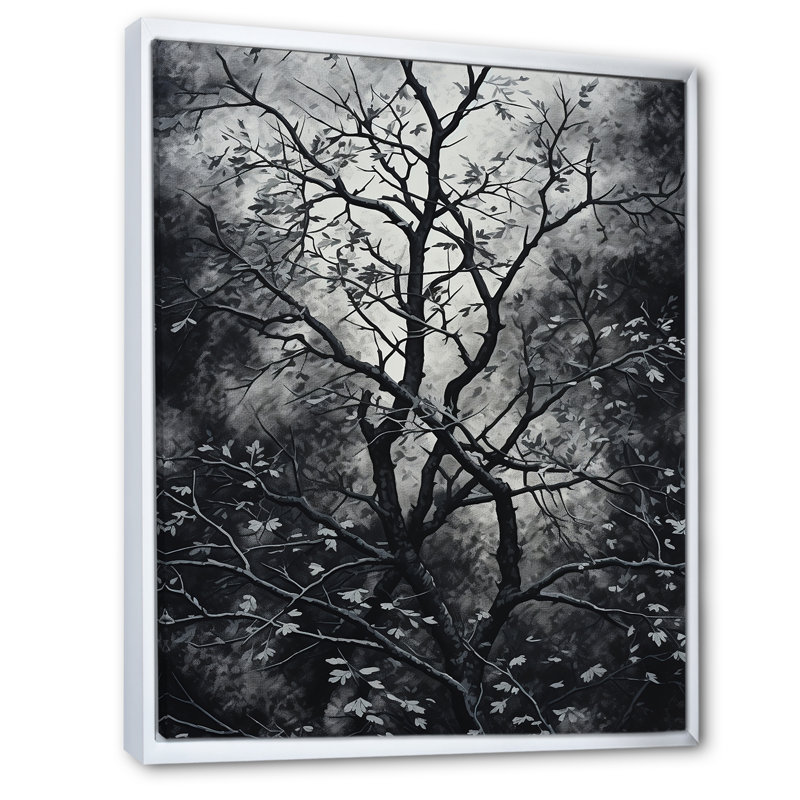 Arbre gothique gris la nuit II - arbre, art mural, Cadre flottant blanc, H 32 po x l 16 po