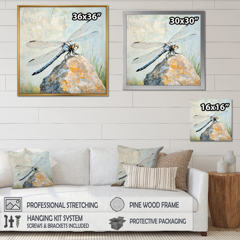 Libellule sur un rocher - libellule, art mural, salon, H 16 po x l 16 po, Reproduction encadrée d'une seule photo sans pass