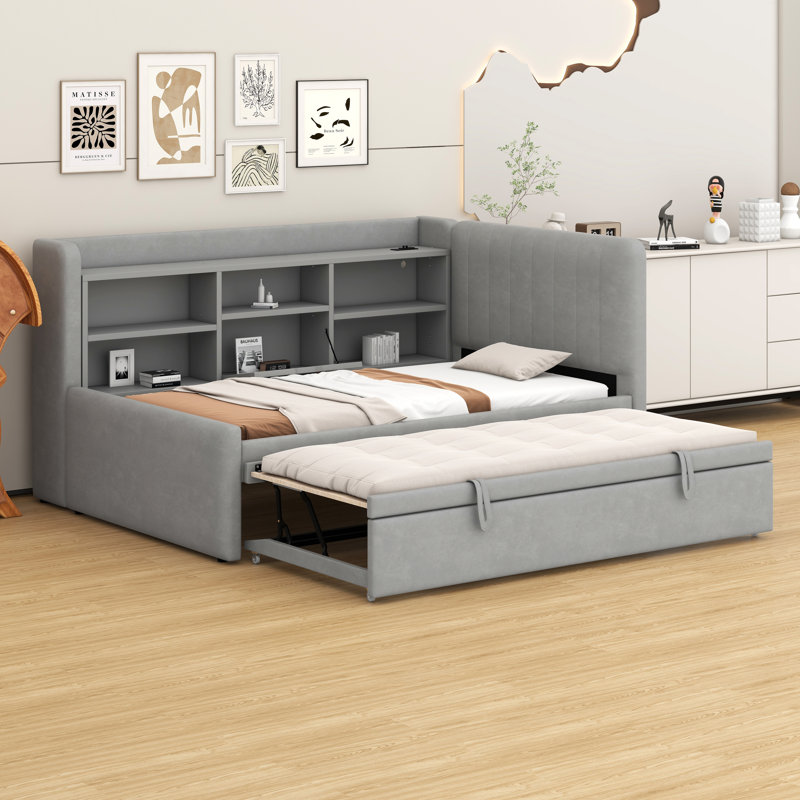 Upholstered Daybed With Trundle, Storage Shelves, USB & Outlet, Gray