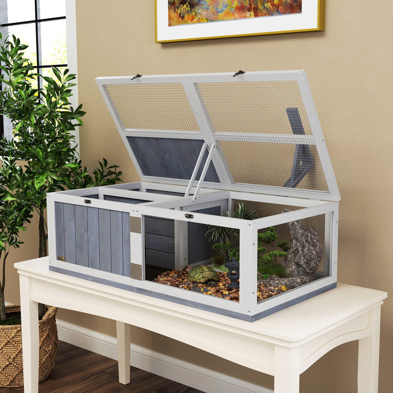 Wooden Tortoise House with Lamp Holder Clear Windows Openable Tops