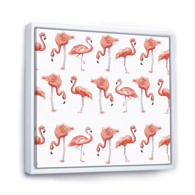 Flamant rose, croquis, H 16 po x l 16 po x P 1 po, Cadre flottant blanc