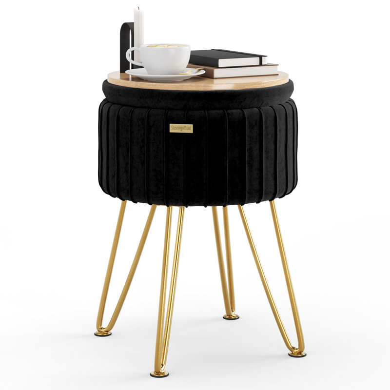 Round Pleated Velvet Ottoman with Storage, Gold, Black
