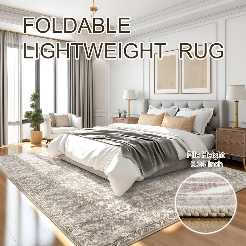 Machine Washable Medallion Floral Area Rug(Brown), Rectangle 5' x 7'