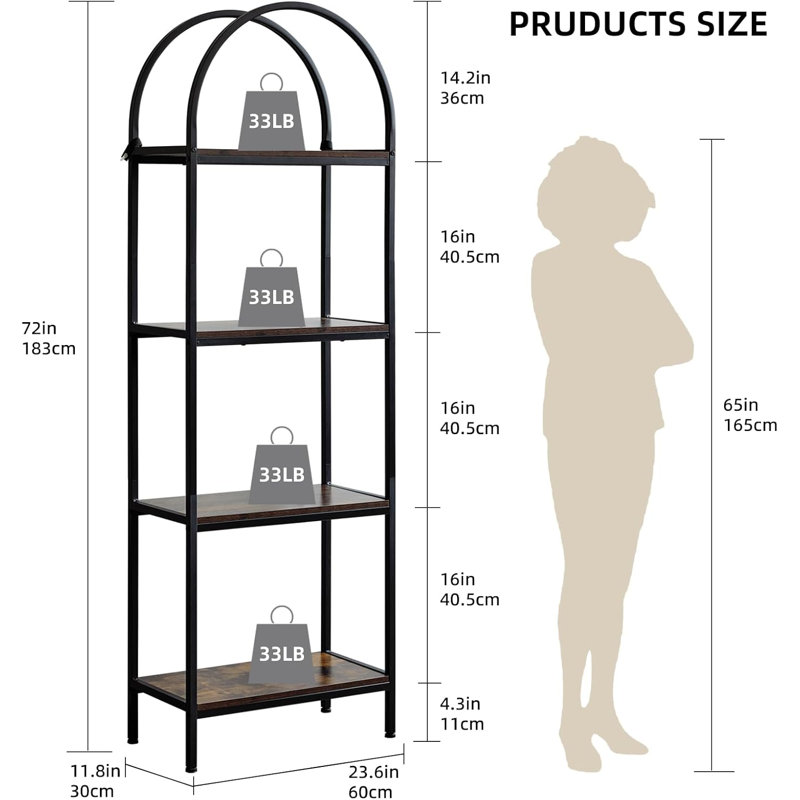 Présentoirs arqués pour bibliothèque, support de rangement autoportant avec structure en métal et tablettes en bois, Brown