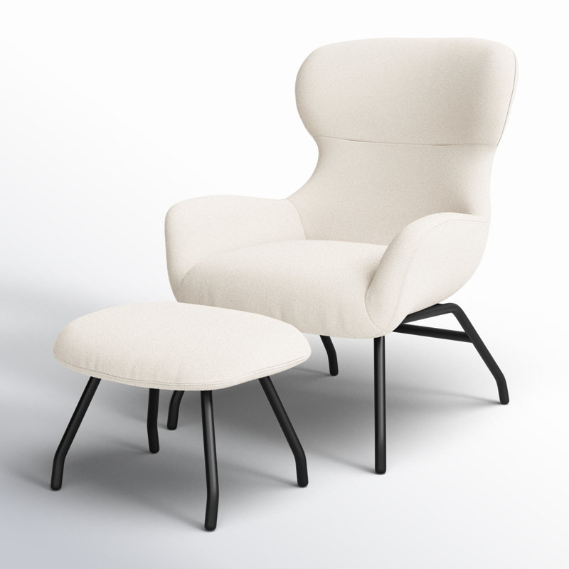 Cathalina Fabric Wingback Accent Chair with Ottoman, Cream Polyester Blend