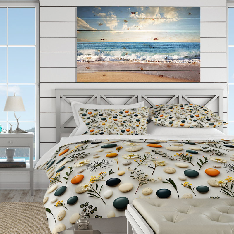 Serene Stones Zen Pattern For Spa I Box Stitch Floral Duvet Cover, King Duvet Cover + 2 King Shams