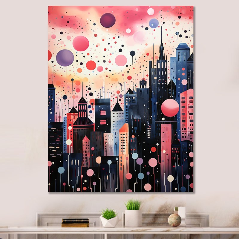 Bubble Gum Cityscape Horizon IV - Art mural art déco urbain, Cadre photo doré simple, H 44 po x l 34 po x P 1,5 po