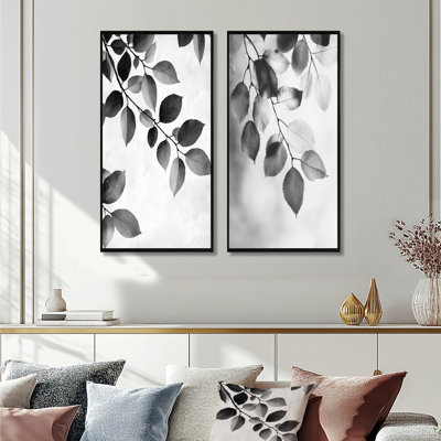 Feuilles noires et blanches, brise douce I - art mural floral 2 panneaux